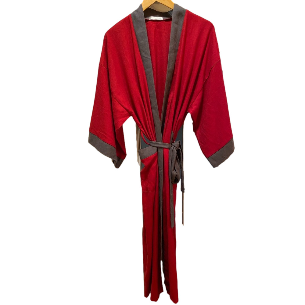 Tân Mỹ Design Pashmina Kimono Robe Red Grey Trim One Size Luxury Loungewear